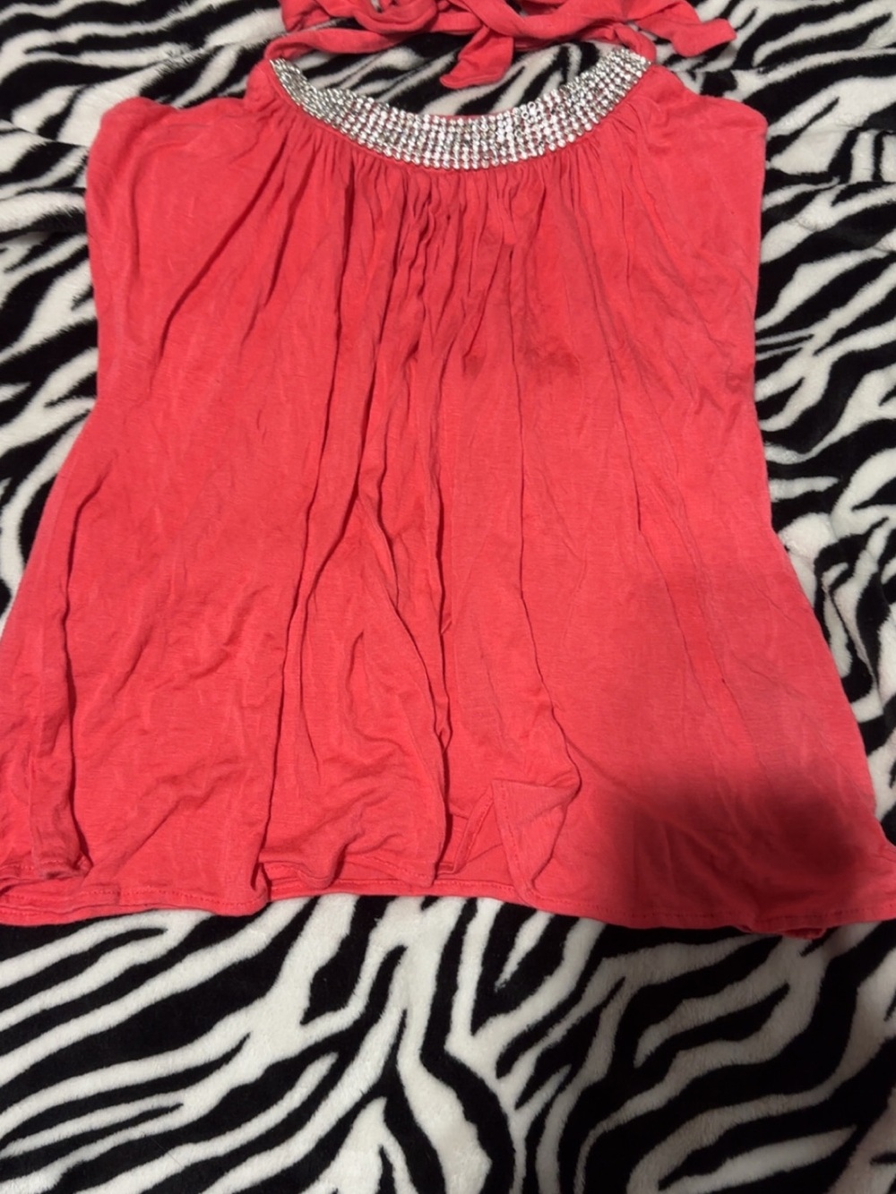 Rhinestone Halter Tank Top - Coral